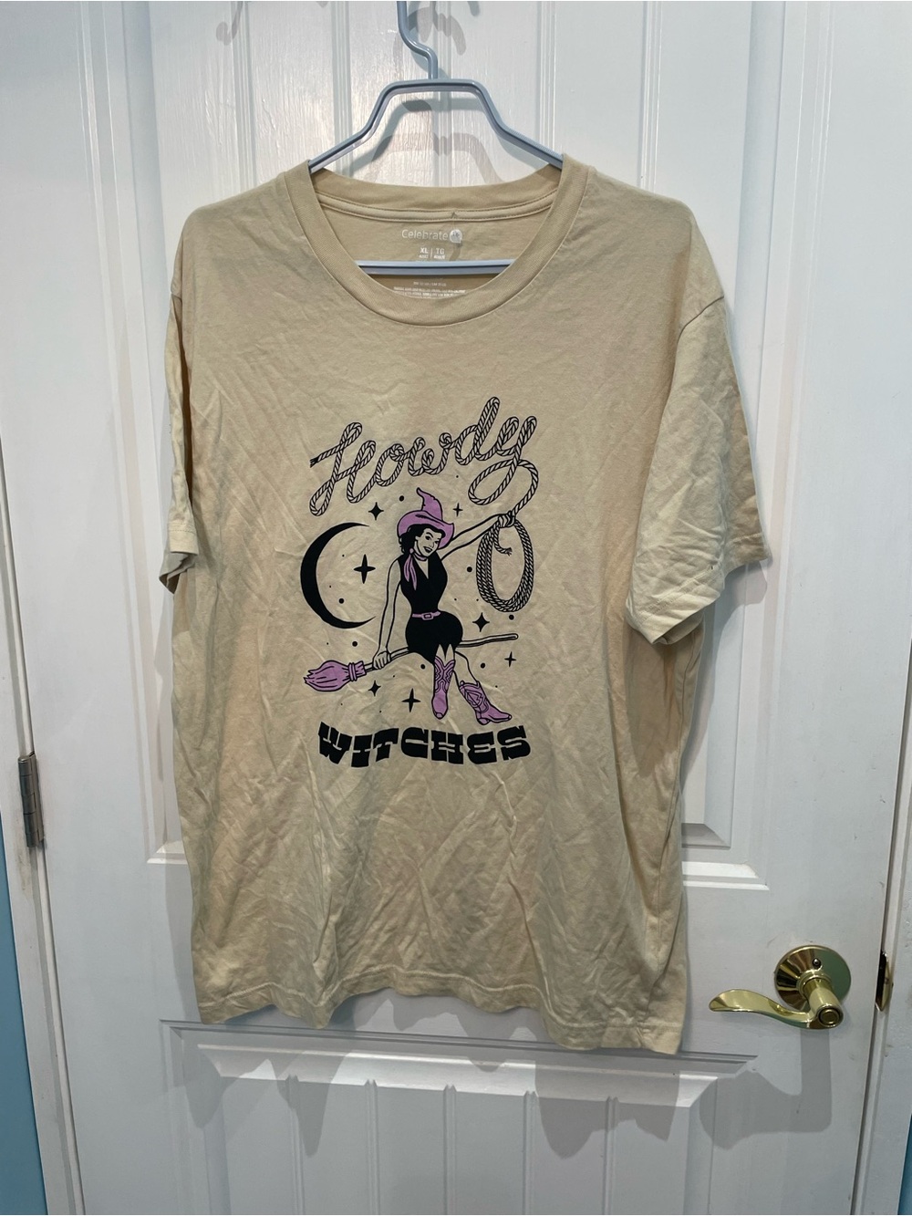 Celebrate It Beige Graphic Tee with Purple & Black Print